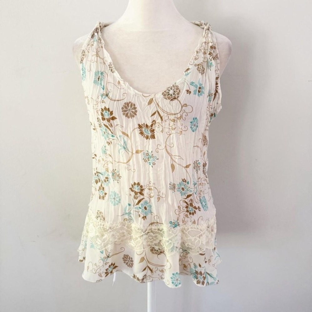 Vintage Y2K Tank Top Womens M Cream Floral Lace Trim Fairycore Boho Chic Coqutte